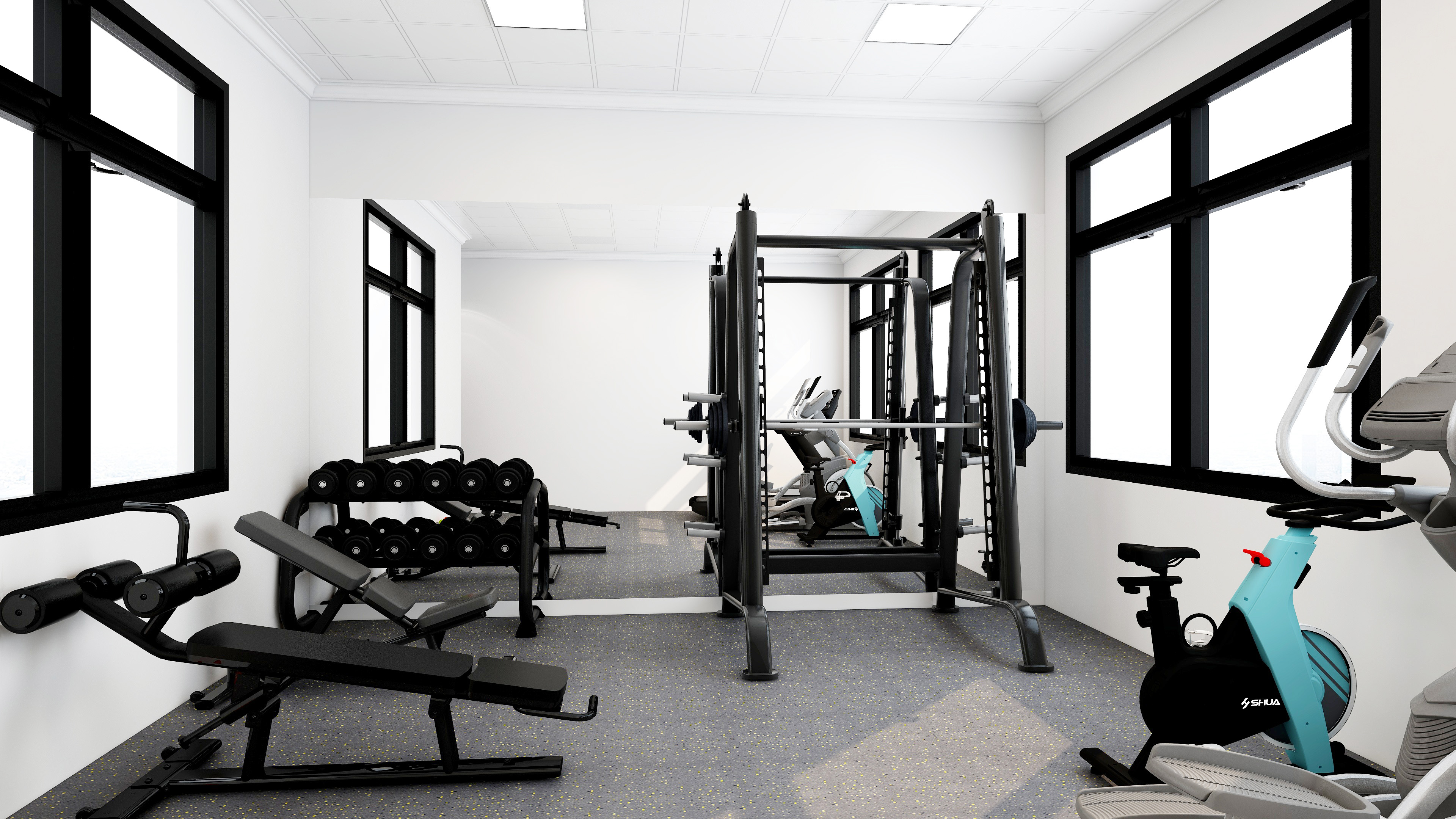 30平米健身房器材配置_家庭健身房布局设计_综合训练器 史密斯机